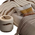 Modern Double Bed With Wavy Headboard Beige Bedding Pillows And Bedside Tables 3d model