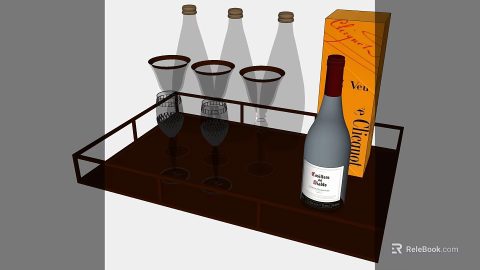 Elegant Wine Bottle And Glasses Arranged On Wooden Tray With Orange Box 3d model 