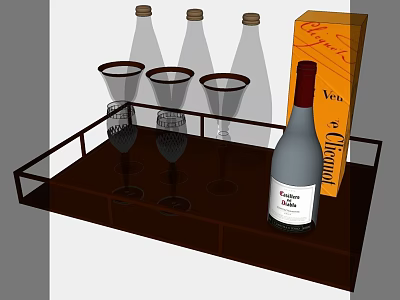 Elegant Wine Bottle And Glasses Arranged On Wooden Tray With Orange Box 3d model