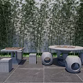 Outdoor Landscape Seating Set With Round Stone Table Circular Stools And Bamboo Background 3d model