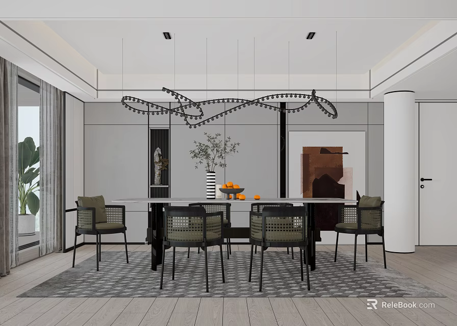 Modern Restaurant Interior With Dining Table Chairs Pendant Light And Decorative Wall Art 3d model