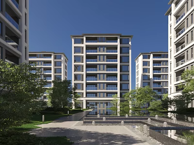Modern High Rise Residential Building With Greenery Landscaping And Water Feature Pathway 3d model