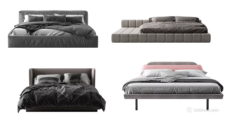 Modern Double Bed Designs Featuring Various Headboards And Bedding Styles 3d model