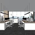 Modern Public Office Space With Workstations Computers White Office Chairs Marble Flooring And Large Windows