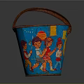 Blue Decorative Bucket With Brown Handle And Colorful Children Illustrations