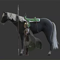 Medieval Armored Warrior With Helmet Spear And Cloak Standing Beside Gray Horse With Green Saddle
