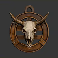 Decorative Bull Skull Hanging Ornament With Circular Wooden Frame And Metallic Accents