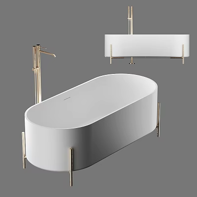 Freestanding White Bathtub With Modern Gold Metal Legs And Faucet Design 3d model