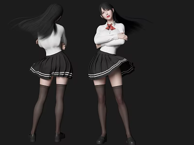 Woman in White Top Black Pleated Skirt Red Bow Tie Black Stockings Front Back Views 3d model