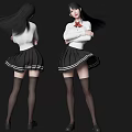 Woman in White Top Black Pleated Skirt Red Bow Tie Black Stockings Front Back Views