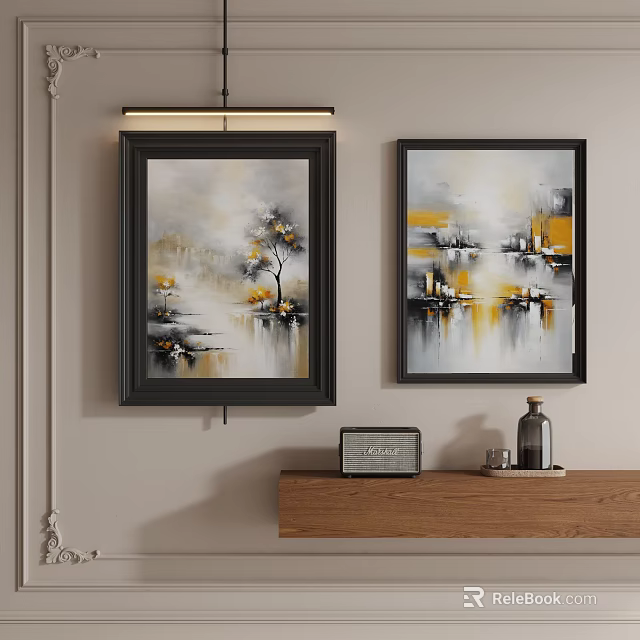 Modern Abstract Paintings In Black Frames Hanging On Wall With Wooden Shelf Decorative Items 3d model 