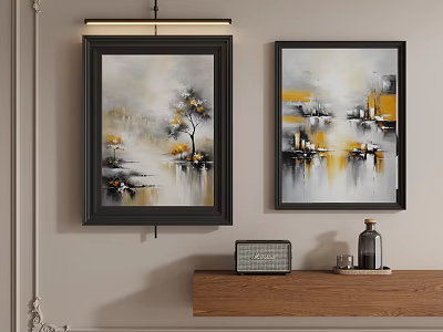Modern Abstract Paintings In Black Frames Hanging On Wall With Wooden Shelf Decorative Items 3d model