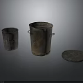 Two Rustic Aged Wooden Buckets With Matching Lid On Dark Surface