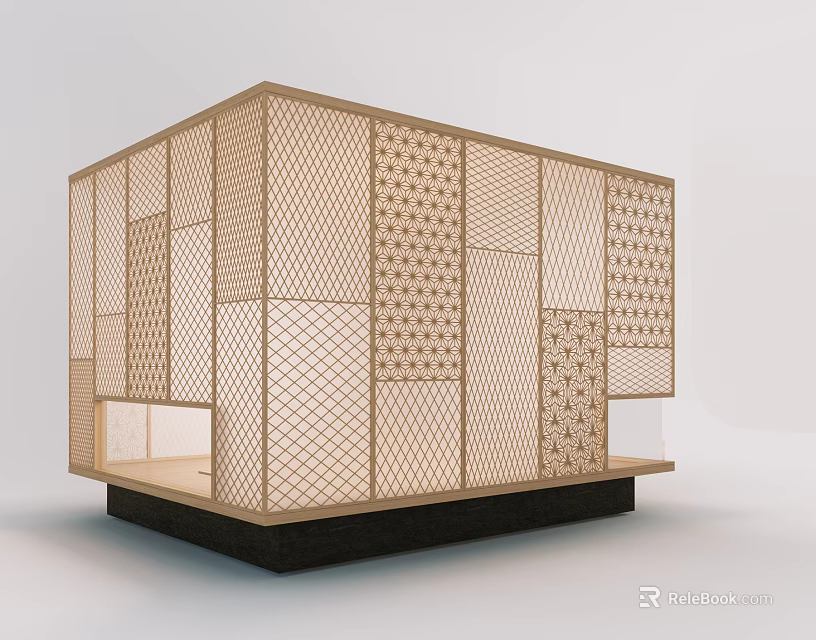 Wooden Lattice Windows in Cube Architectural Structure with Intricate Grid and Dot Patterns 3d model