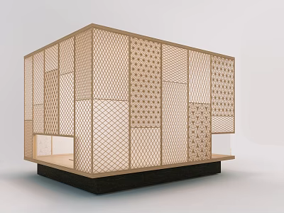 Wooden Lattice Windows in Cube Architectural Structure with Intricate Grid and Dot Patterns 3d model
