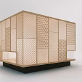 Wooden Lattice Windows in Cube Architectural Structure with Intricate Grid and Dot Patterns 3d model