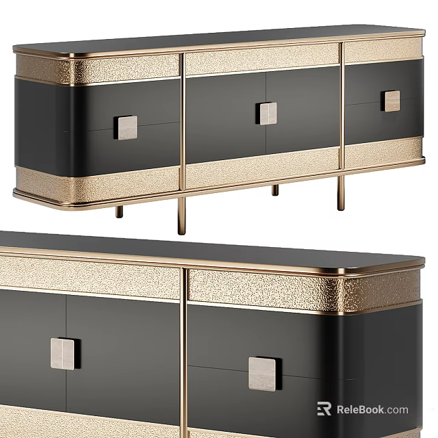 Elegant Modern TV Stand With Black Gold Trim Metal Legs And Storage Drawers 3d model 