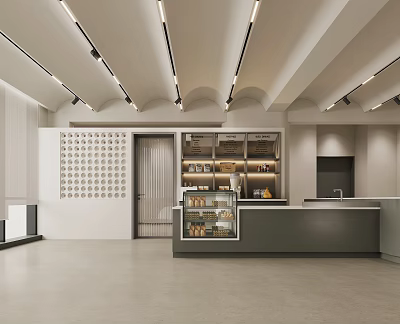 Modern Café Interior With Ceiling Lighting Decorative Wall Display Shelves And Counter 3d model