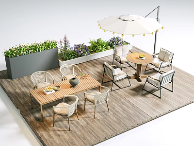 Outdoor Wooden Tables With Chairs Umbrella And Green Plants On Patio Deck 3d model