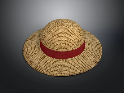 Wide Brim Woven Straw Hat With Red Ribbon Band Summer Fashion Accessory 3d model