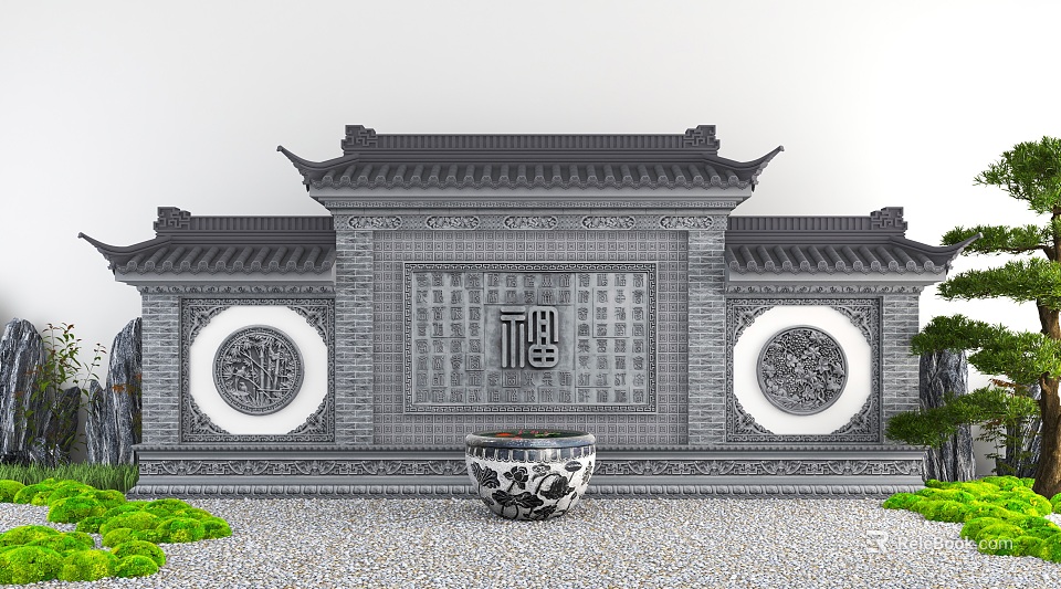 Traditional Chinese Scenic Wall With Classic Roof Fu Character And Circular Decorations 3d model 