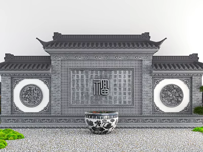 Traditional Chinese Scenic Wall With Classic Roof Fu Character And Circular Decorations 3d model