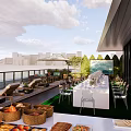 Roof Garden With Outdoor Dining Seating Green Plants Evening Lighting And City View
