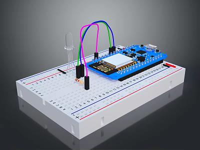 Electronic Breadboard Setup with Microcontroller Module Colored Wires and Sensor for DIY Computer Projects 3d model