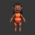 Cartoon Child In Red And Yellow Striped Outfit Smiling On Gray Background
