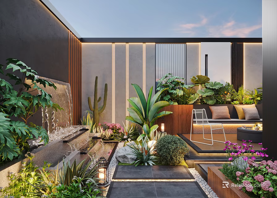 Lush Courtyard Garden Design With Waterfall Feature Colorful Plants Stone Pathway And Cozy Seating Area 3d model 