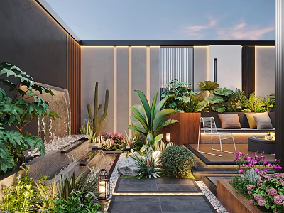 Lush Courtyard Garden Design With Waterfall Feature Colorful Plants Stone Pathway And Cozy Seating Area 3d model