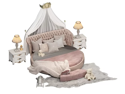 Round Children's Bed With Pink Upholstered Headboard White Canopy And Nightstands With Lamps 3d model