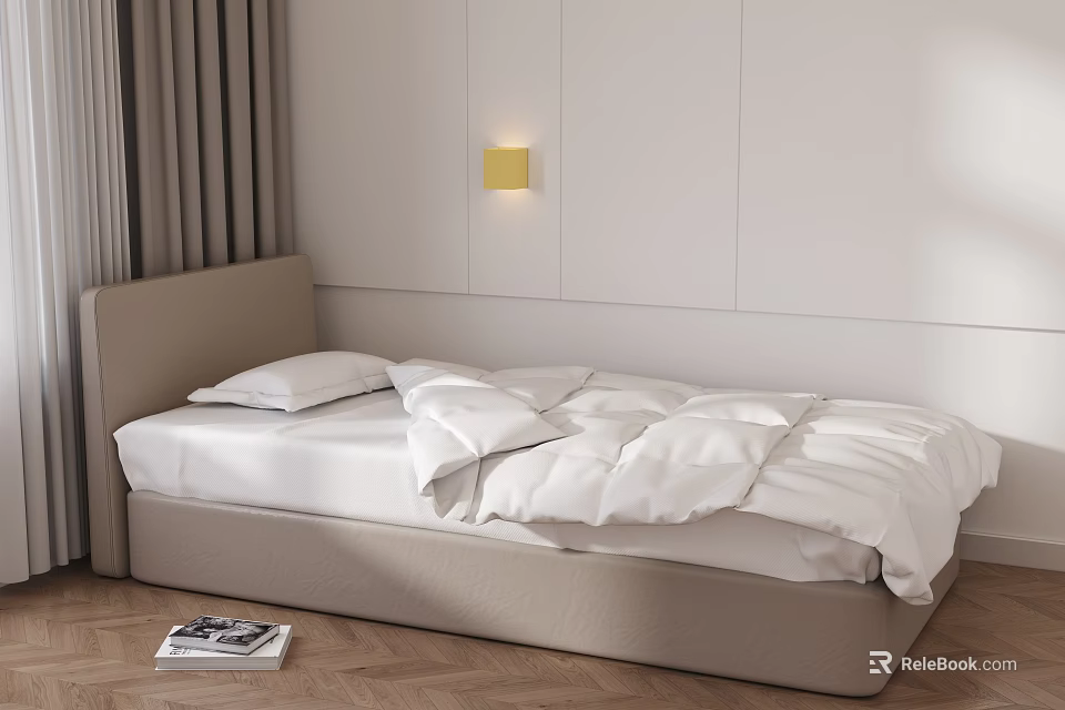 Minimalist Single Bed With Beige Headboard White Sheets Wall Lamp And Wooden Floor 3d model 