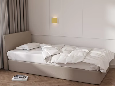 Minimalist Single Bed With Beige Headboard White Sheets Wall Lamp And Wooden Floor 3d model
