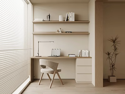 Modern Minimalist Desk Workspace With Blinds Shelves Books Lamp Laptop Chair And Potted Plant 3d model