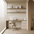 Modern Minimalist Desk Workspace With Blinds Shelves Books Lamp Laptop Chair And Potted Plant