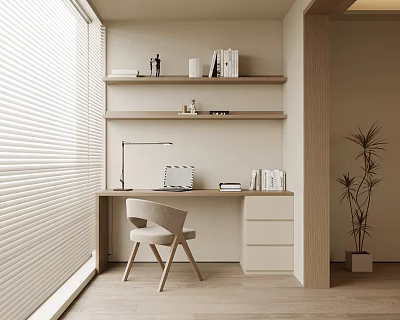 Modern Minimalist Desk Workspace With Blinds Shelves Books Lamp Laptop Chair And Potted Plant 3d model