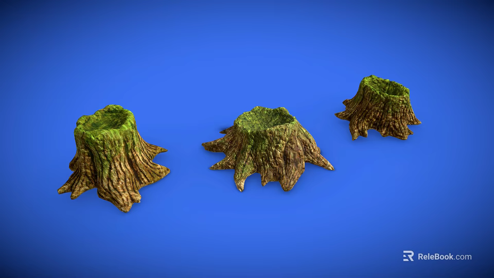 Wooden Stone Stumps With Green Moss Three Decorative Pieces On Blue Background 3d model 