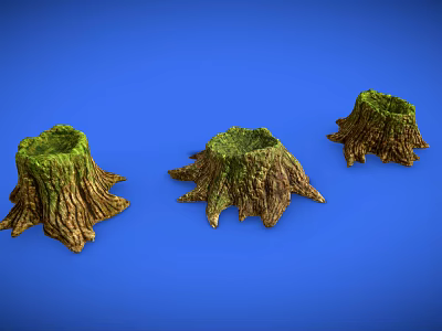 Wooden Stone Stumps With Green Moss Three Decorative Pieces On Blue Background 3d model