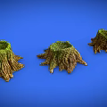 Wooden Stone Stumps With Green Moss Three Decorative Pieces On Blue Background