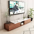 Modern Wooden TV Stand with Television Decorative Figurines Vases Green Plants and Books