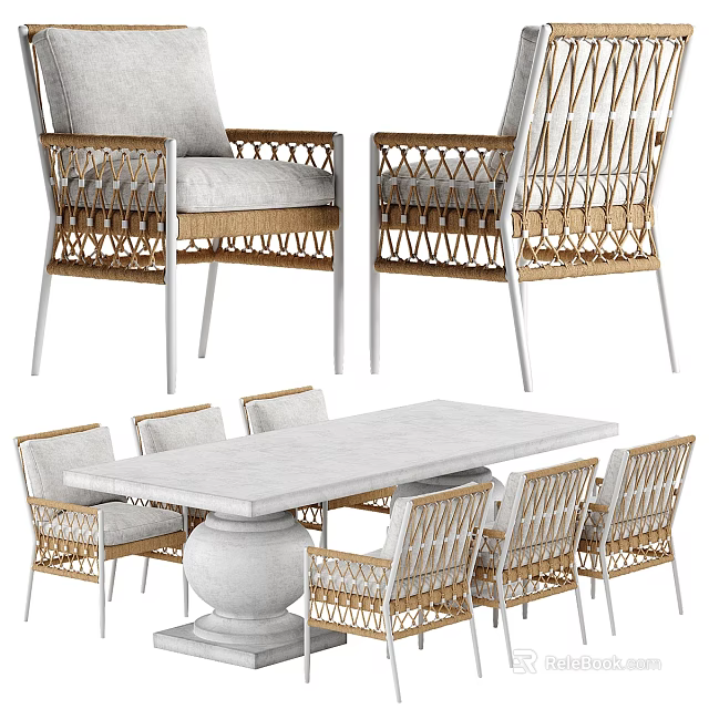 Modern Outdoor Table Set With Stone Top And Rattan Chairs For Patio Furniture Area 3d model 