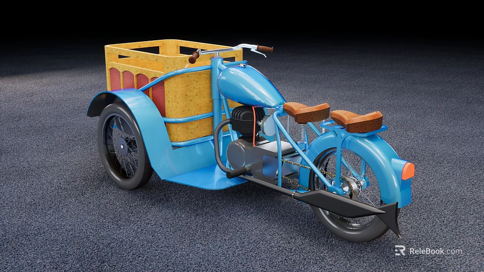 Vintage Blue Motorcycle With Yellow Wooden Sidecar And Brown Seats 3d model 