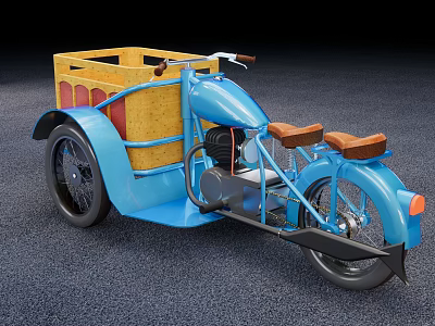 Vintage Blue Motorcycle With Yellow Wooden Sidecar And Brown Seats 3d model