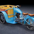 Vintage Blue Motorcycle With Yellow Wooden Sidecar And Brown Seats