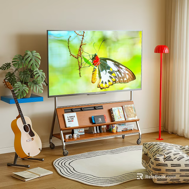 Wooden TV Stand with Wheels Storage Shelf and TV Green Plants Guitar in Living Room 3d model 