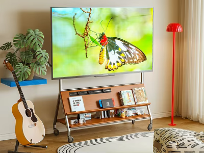 Wooden TV Stand with Wheels Storage Shelf and TV Green Plants Guitar in Living Room 3d model