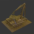 Weapon components being lifted by mechanical arm onto wooden pallet with dark background