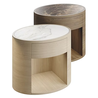 Modern Wooden Bedside Tables With Round Marble Top And Open Shelf 3d model