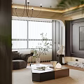 Luxurious Modern Living Dining Room Interior With Dark Sofa Marble Coffee Table Chandelier And Plants